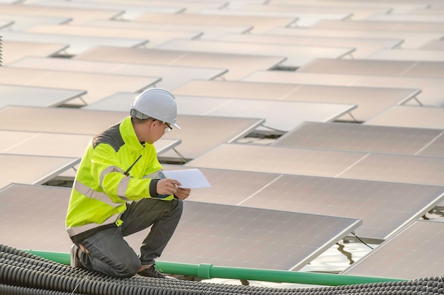 Asian engineer working at Floating solar power plantRenewable energyTechnician and investor solar panels checking the panels at solar energy installation