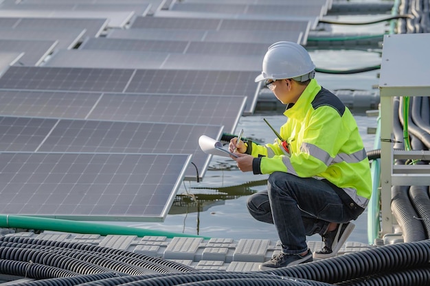 Asian engineer working at Floating solar power plantRenewable energyTechnician and investor solar panels checking the panels at solar energy installation