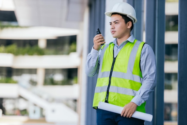 Asian engineer young man wearing safety vest and helmet standing using walkietalkie for contact work on building construction site background Engineering construction worker concept