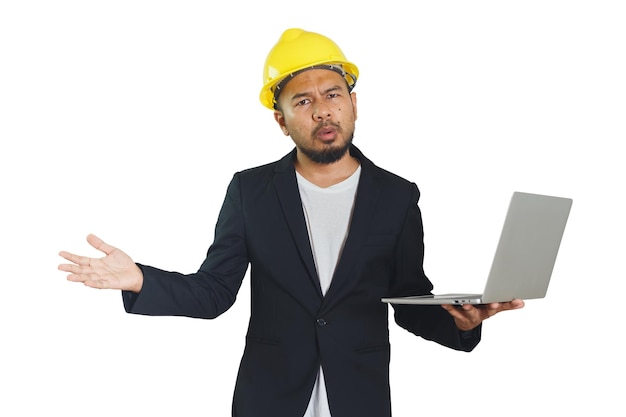 Asian engineering man wears hardhat stressful gesture holding laptop isolated on white background foreman control construction clipping path