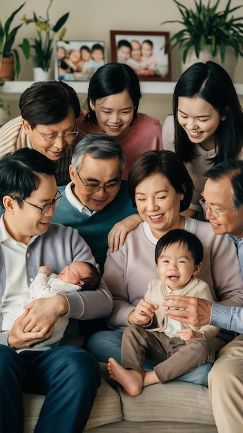 Asian extended family with baby and toddler posing together around couch at home