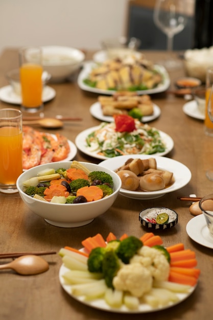 Asian family eating together