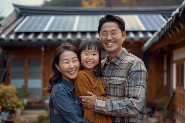 Photo an asian family happily hugs in front of their home powered by solar cells