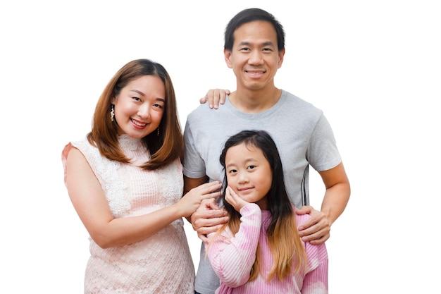 Asian family woman and a man with little junior woman smiling and fun isolated over white background