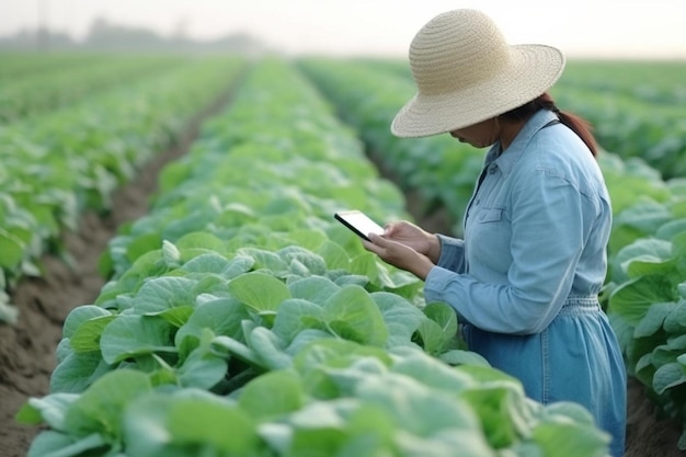 Asian farmer girl hand using digital mobile tablet for checking fresh green oak lettuce salad