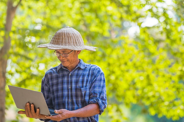 Asian farmer with laptop