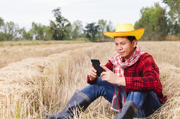 Asian farmer with rice stubble in the field