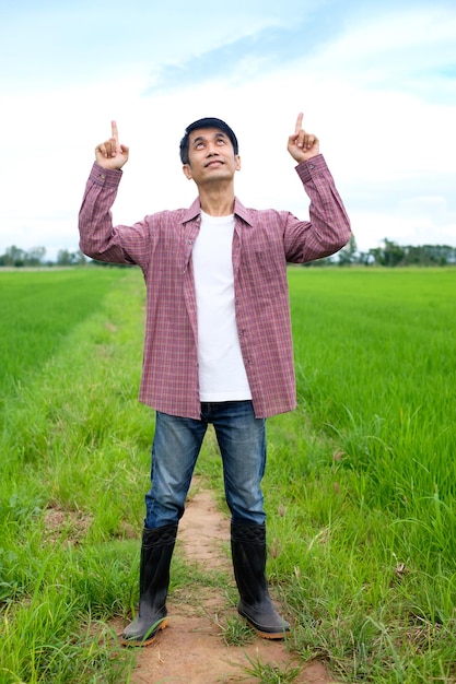 Asian farmers stand and pose in the rice field to present their products