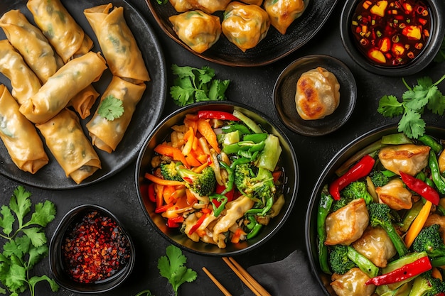 Asian Feast with Roast Chicken StirFried Noodles and Crispy Spring Rolls A Vibrant and Flavorful