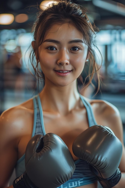 Asian female athlete looking at camera with confidence in boxing camp