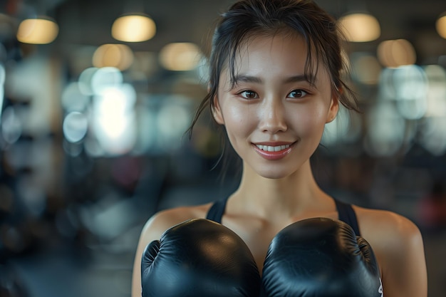 Asian female athlete looking at camera with confidence in boxing camp