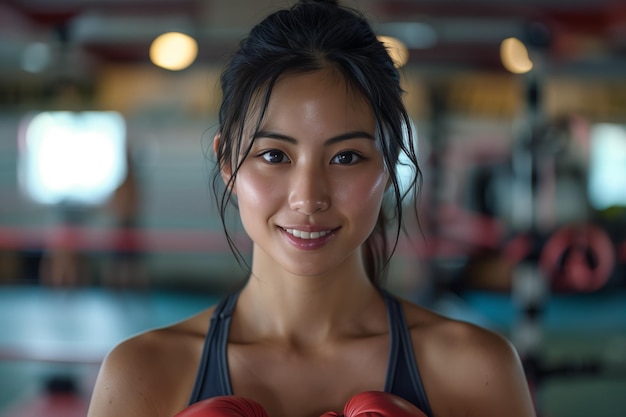 Asian female athlete looking at camera with confidence in boxing camp