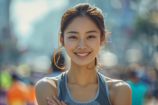 Asian female athlete smiling with confidence at a city marathon event