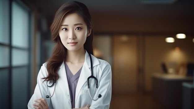 Asian female doctor physician in medical uniform with stethoscope cross arms on chest