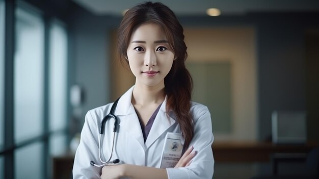 Asian female doctor physician in medical uniform with stethoscope cross arms on chest