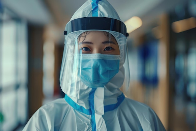 Photo asian female doctor in ppe suit and face mask in hospital during covid 19 outbreak