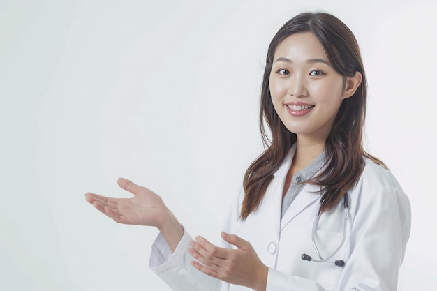 An asian female doctor presenting a health product or information at blank space