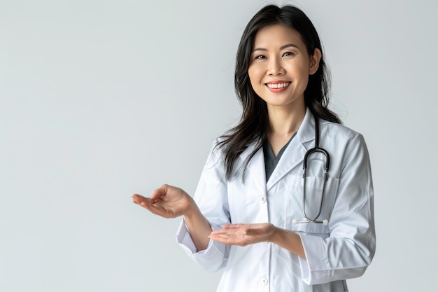 An asian female doctor presenting a health product or information at blank space