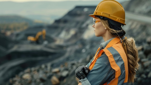 Asian female engineer wearing helmet and safety vest at construction site