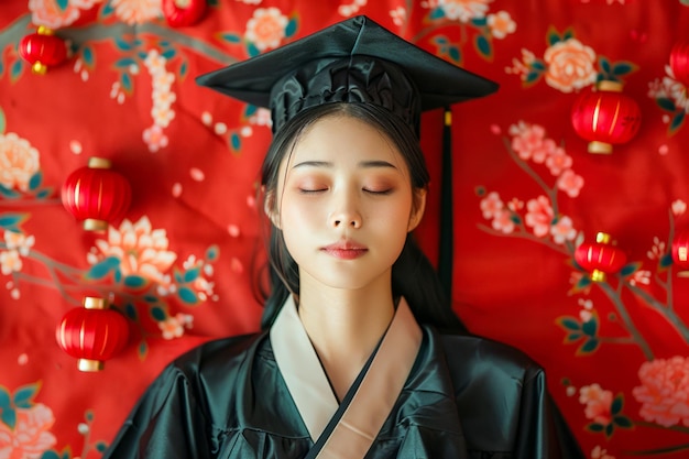 Asian Female Graduate in Cap and Gown Contemplating Future Against Vibrant Red Floral Background