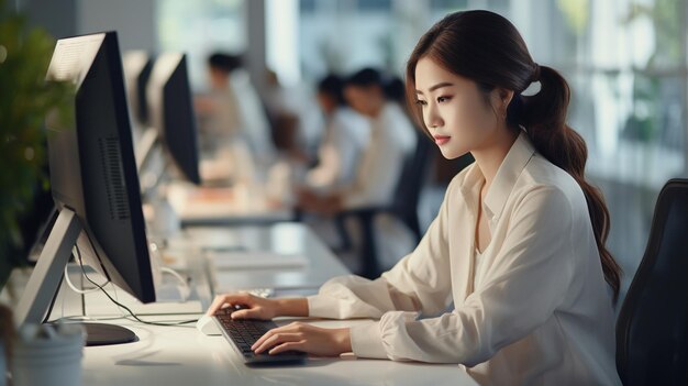 Asian female office clerk at workplace ai generated image wallpaper