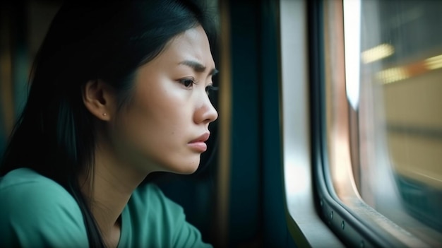 Asian female passenger Generative AI is sitting in a melancholy mood near the window inside a train that travels between towns when traveling alone