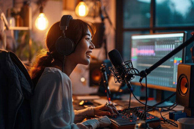 Asian female podcaster creating content in a modern studio