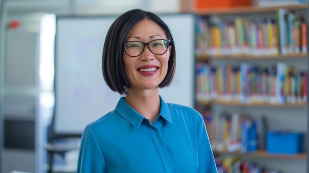 Asian female teacher with a bob haircut and glasses in a library Smiling Woman in a Blue Shirt