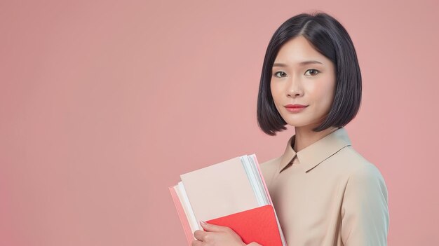 Asian female teacher with a sleek bob haircut holding a stack of notebooks Back to school Background