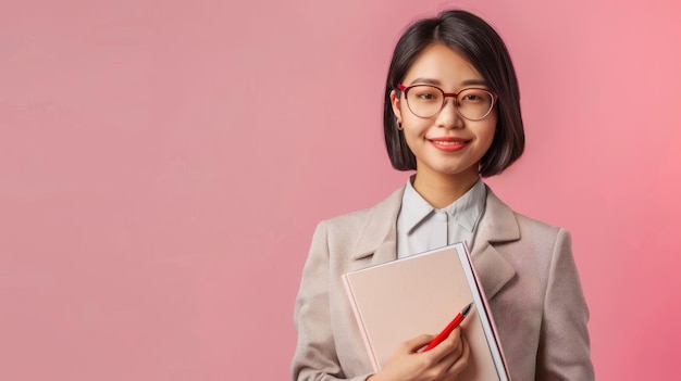 Asian female teacher with a sleek bob haircut holding a stack of notebooks and a red pen