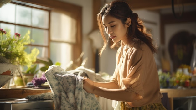 Asian female washing blankets with washing machine at home