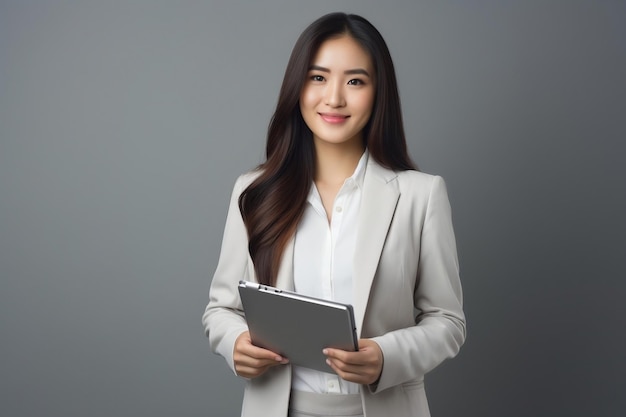 Asian female wearing a white suit and jeans and standing in a gray in studio AI