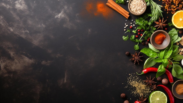 Asian food background with various ingredients on table