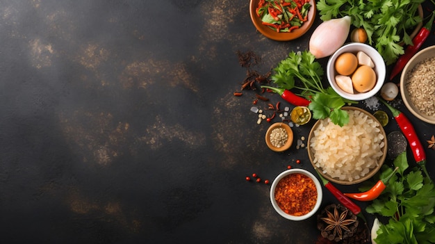 Asian food background with various ingredients on table