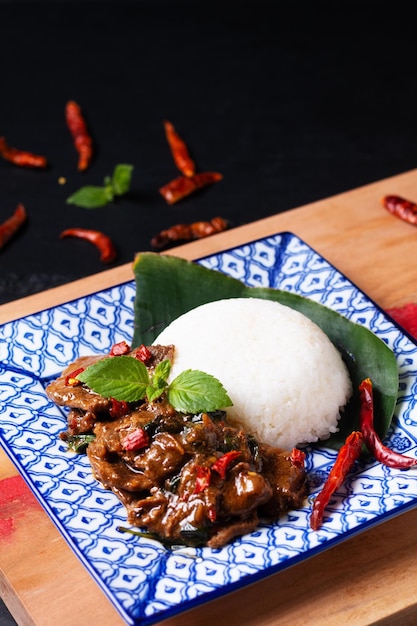 Asian Food concept Thai holy Basil Beef Stir Fry and Jasmine Rice Khao Pad Pad Kra Pow Nua in Thai tradition ceramic plate on wooden board and black slate stone background with copy space