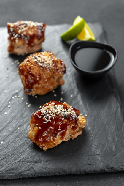 Asian food fast food street food chicken in teriyaki sauce and sesame a traditional japanese way of