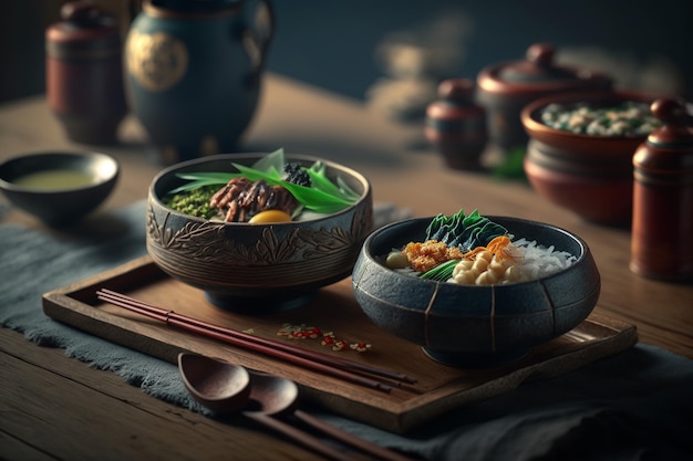 Asian food original recipes japanese cuisine Tradition Dishes Asian kitchen enjoying freshly served traditional seafood donburi with chopsticks