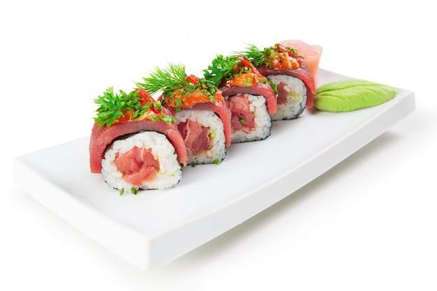 Asian food sushi dish. On a white background, close-up.