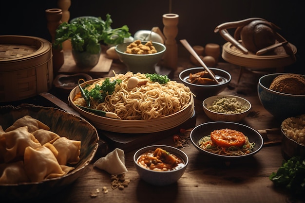 Asian food table with various kind of chinese food noodles chicken pork beef sour soup rice spring rolls sushi prawns and many others Served on black stone table top view