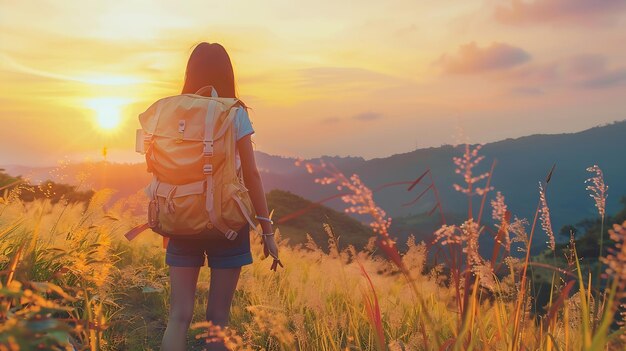 Asian girl backpack in nature during sunset Relax time on holiday concept travelsel Generative AI