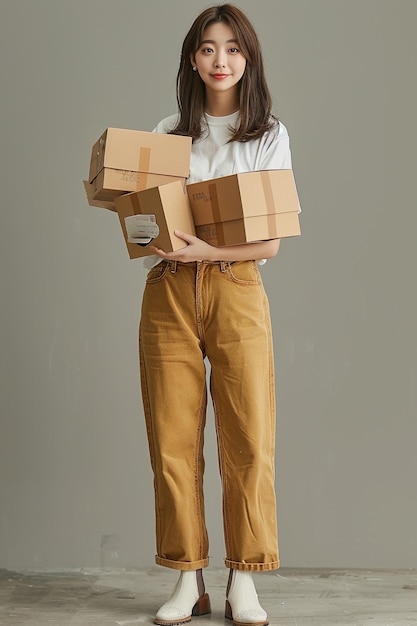 Photo asian girl carrying pile of shopping boxes