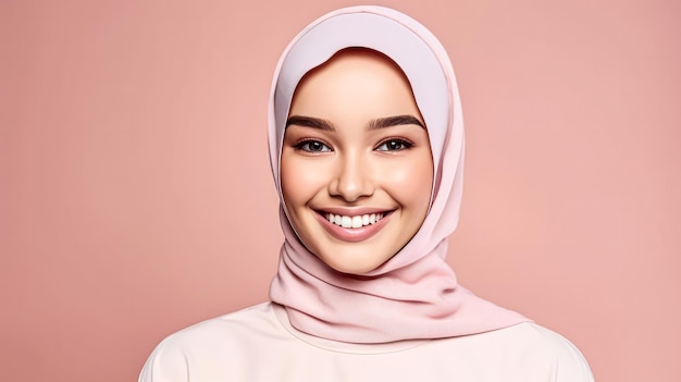 Asian girl graces a beige background with her enchanting smile