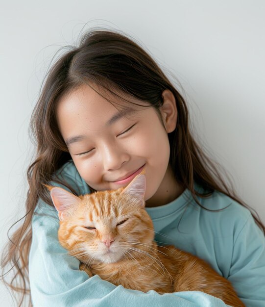 Asian girl hugging an orange cat