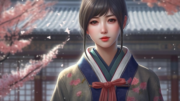 Asian girl near sakura pretty young woman portrait and cherry flowers generative AI