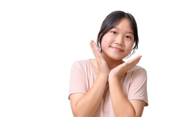 Asian girl raising hands and smile isolated on white background cute girl concept