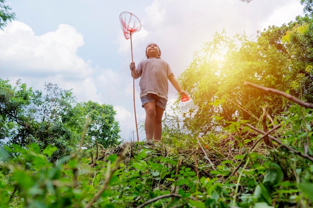 An Asian girl she is adventuring in a wide world Along with a bug catcher Stand on a hill and ready to catch insects