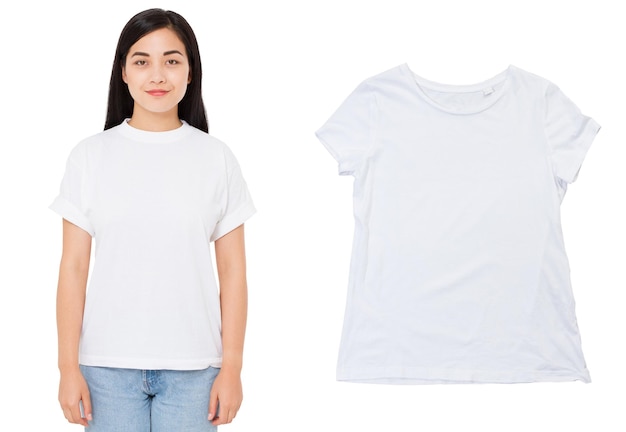 Photo asian girl in tshirt mock up isolated white tshirt mock up close up over white background t shirt mock up on korean woman