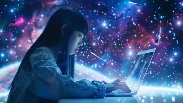 Asian Girl Typing on a Computer in a Fantasy Cosmic Scenario