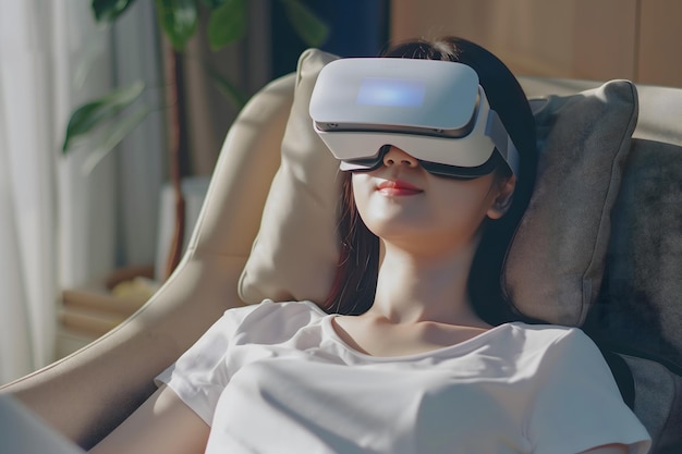 Asian girl using virtual reality glasses to relax and destress at home Girl wearing VR glasses