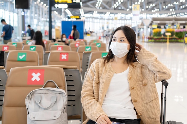 Asian girl wearing mask sitting at international airport while waiting for check in counter open Social distance in public place Seating regulations in airport area New normal lifestyle concept